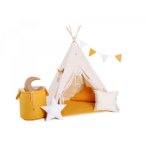 Tipi Zelt für Kinder - Spielzelt - Sommersonne - Beige-Gelb - 160 x 110 x 110 cm - Komplettset mit Bodenmatte, 2 Kissen und Spielzeugkorb - Wigwam