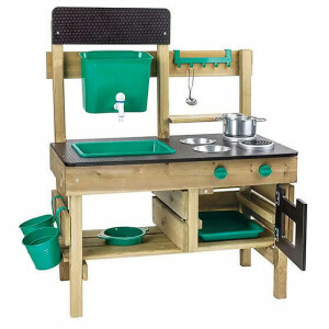 Hape Outdoor Küche - Holzspielküche für den Außenbereich | Komplett mit Herd und 30 Zubehörteilen, Perfekt für Kinder von 3-7 Jahren