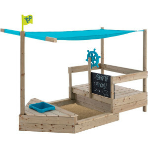 Ahoy Spielboot – Ausziehbares Holzspielboot mit Sonnenschutz, Stauraum und Tafel – Ideal für Sand- und Wasserspaß